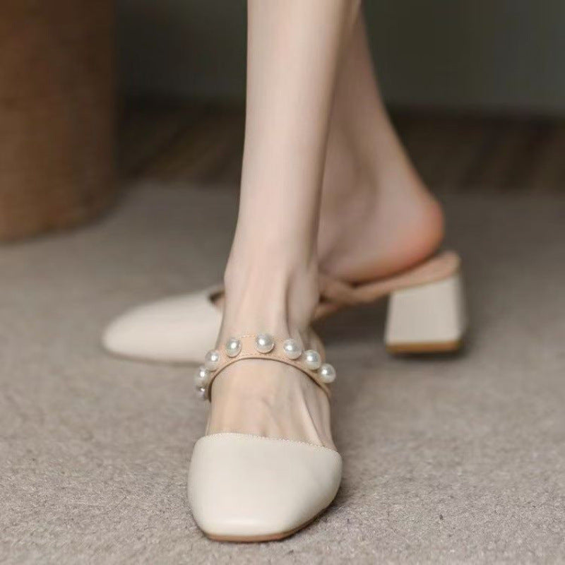 Damen Sandalen Geschlossen mit Blockabsatz und Perlen