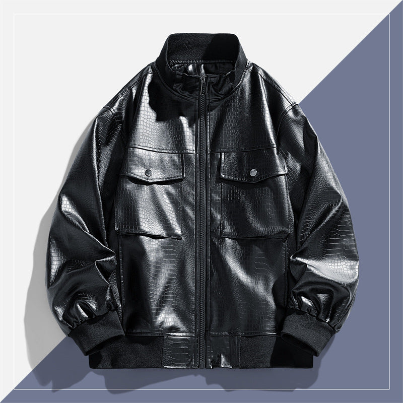 Herren Lederjacke Modern mit Ledertaschen Schwarz Glamour