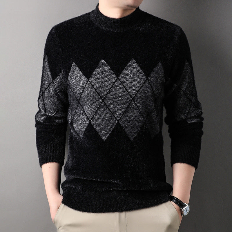 Herren Rollkragenpullover Modern Rautenmuster Elegent Schwarz
