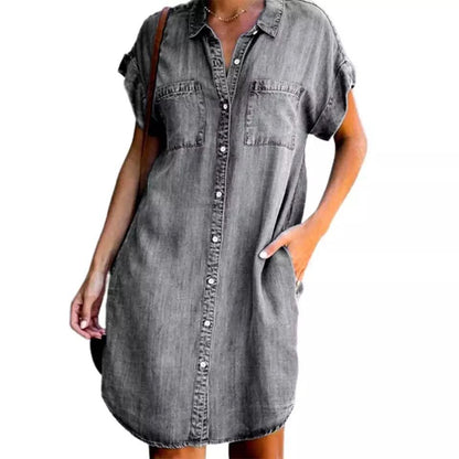 Damen Jeanskleid mit Taschen und Knöpfen Modern