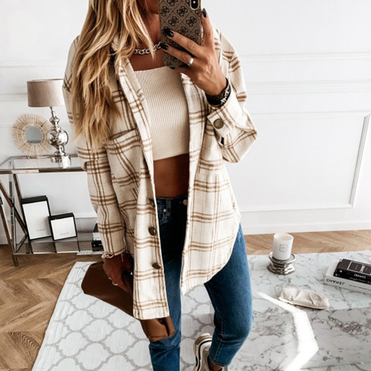 Damen Bluse Jacke Kariert mit Knöpfen Modern