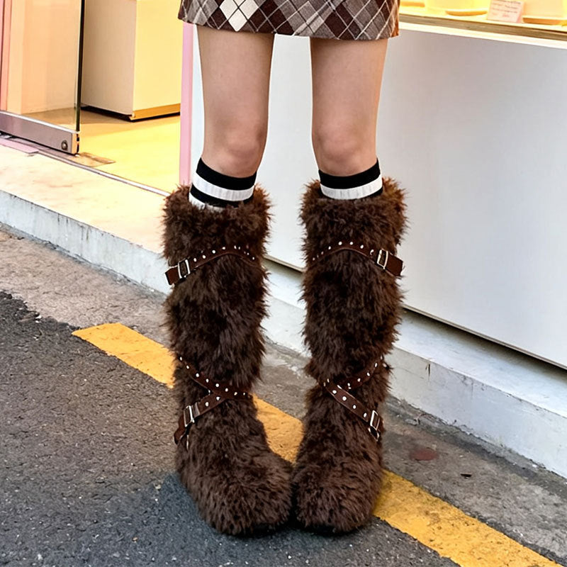 Damen Winterstiefel Flauschig mit Schnallen Schwarz