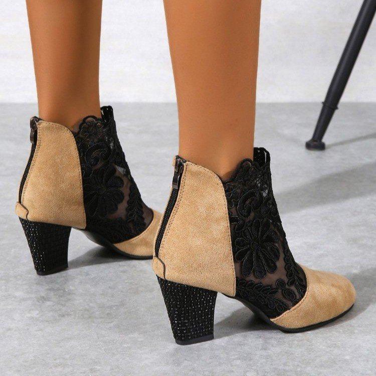 Damen Stiefeletten Spitze Schuhe Komfortabsatz Blockheel