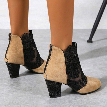 Damen Stiefeletten Spitze Schuhe Komfortabsatz Blockheel