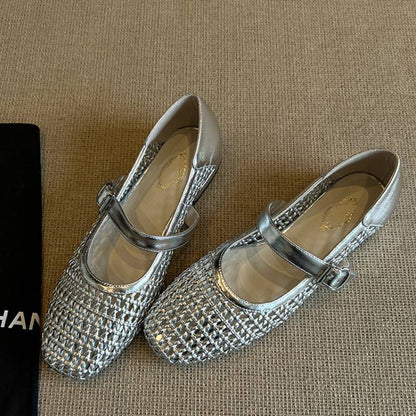 Damen Ballerinas Geschlossene Riemen Schuhe Geflochtene Oberfläche - BerlinGlamour