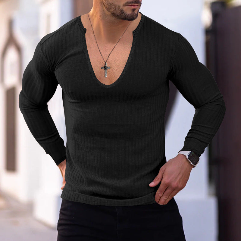 Herren Langarm-Shirt V-Ausschnitt Strukturiert Modern Trendy