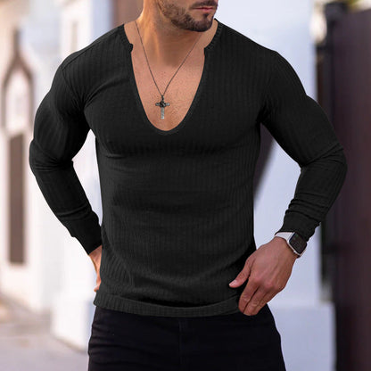 Herren Langarm-Shirt V-Ausschnitt Strukturiert Modern Trendy
