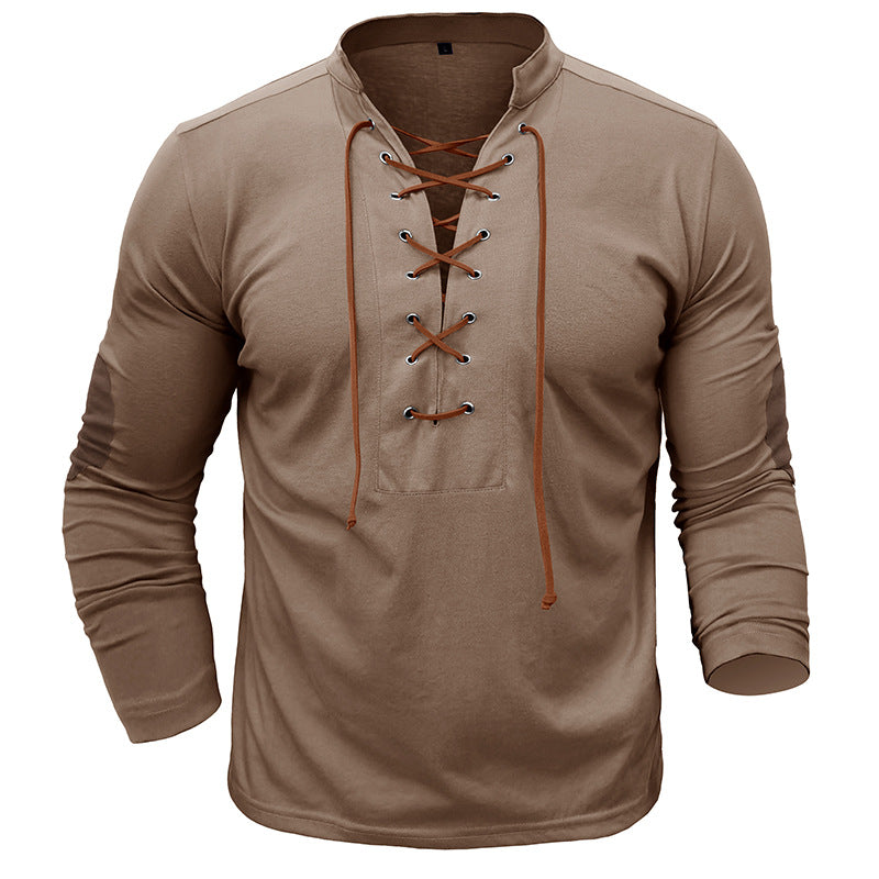 Herren Langarmshirt Modern mit Schnürung und V-Ausschnitt