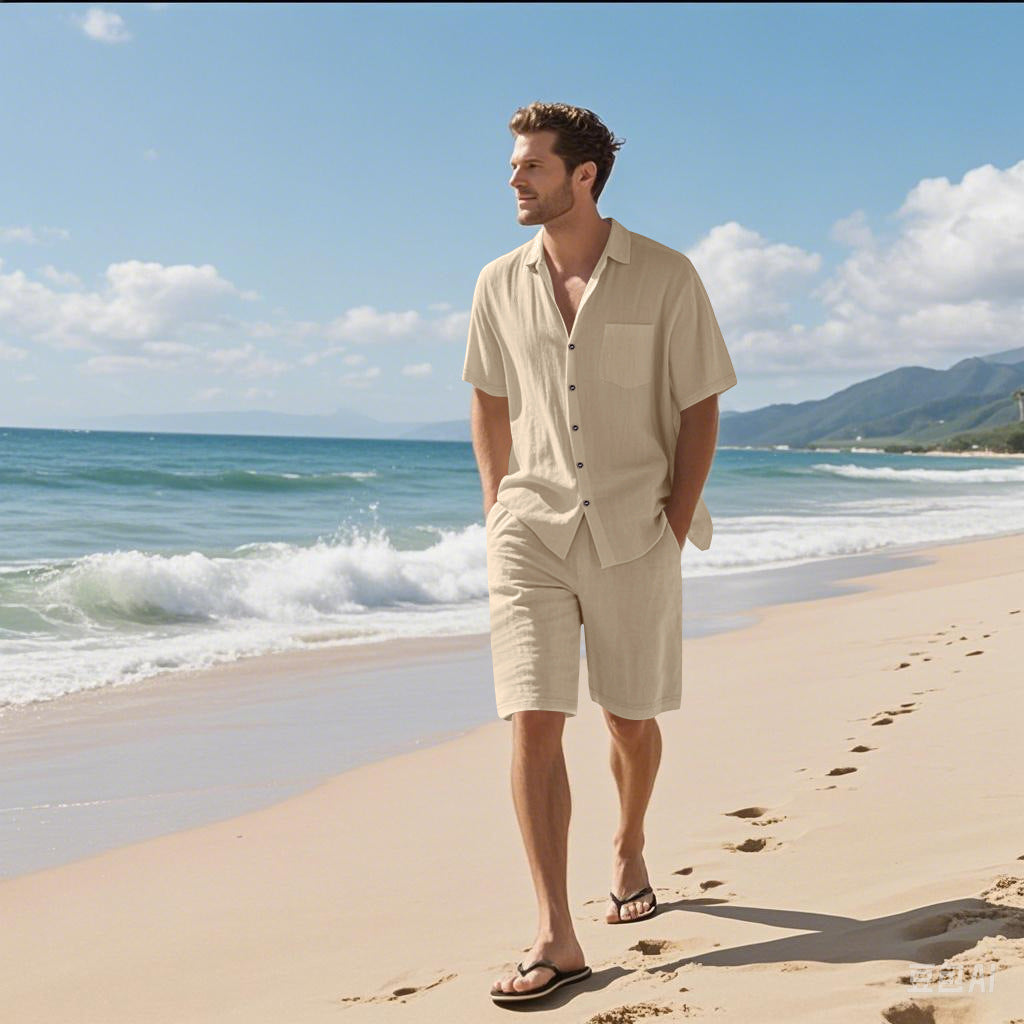 Herren Strandoutfit Leichtes Hemd Shorts Set Sommer