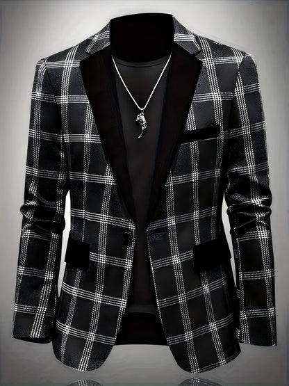 Herren Blazer Karo Elegant Samt Revers Modern