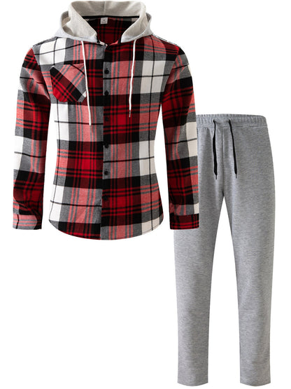 Herren Flanell-Hemd Set mit Jogginghose Kapuze Bequem