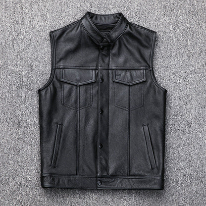 Lederweste Herren Modern mit Taschen Stehkragen Schwarz