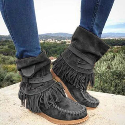 Damen Stiefel Mokassin Fransen Schnalle Modern