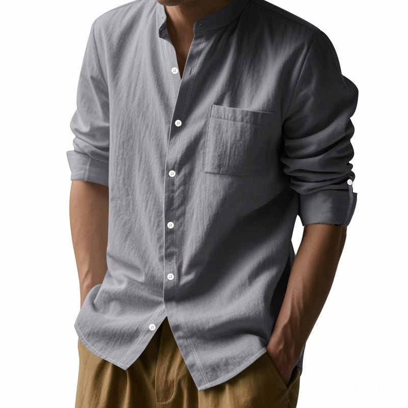 Herren Leinenhemd Modern Henley Kragen mit Brusttasche