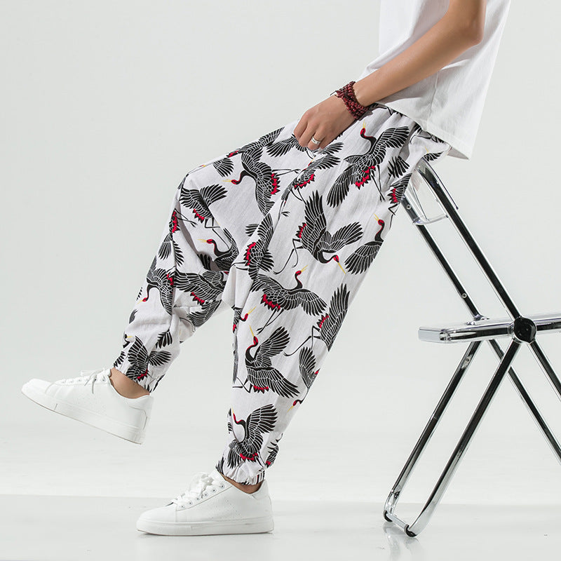 Herren Haremshose Lässig Atmungsaktiv Kranich-Muster Trendy - BerlinGlamour