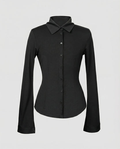 Schwarzes Damen Slimfit Langarmshirt aus Baumwolle