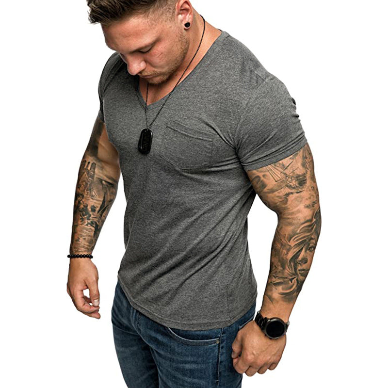 Herren T-Shirt V-Ausschnitt Weich Baumwolle Mit Brusttasche