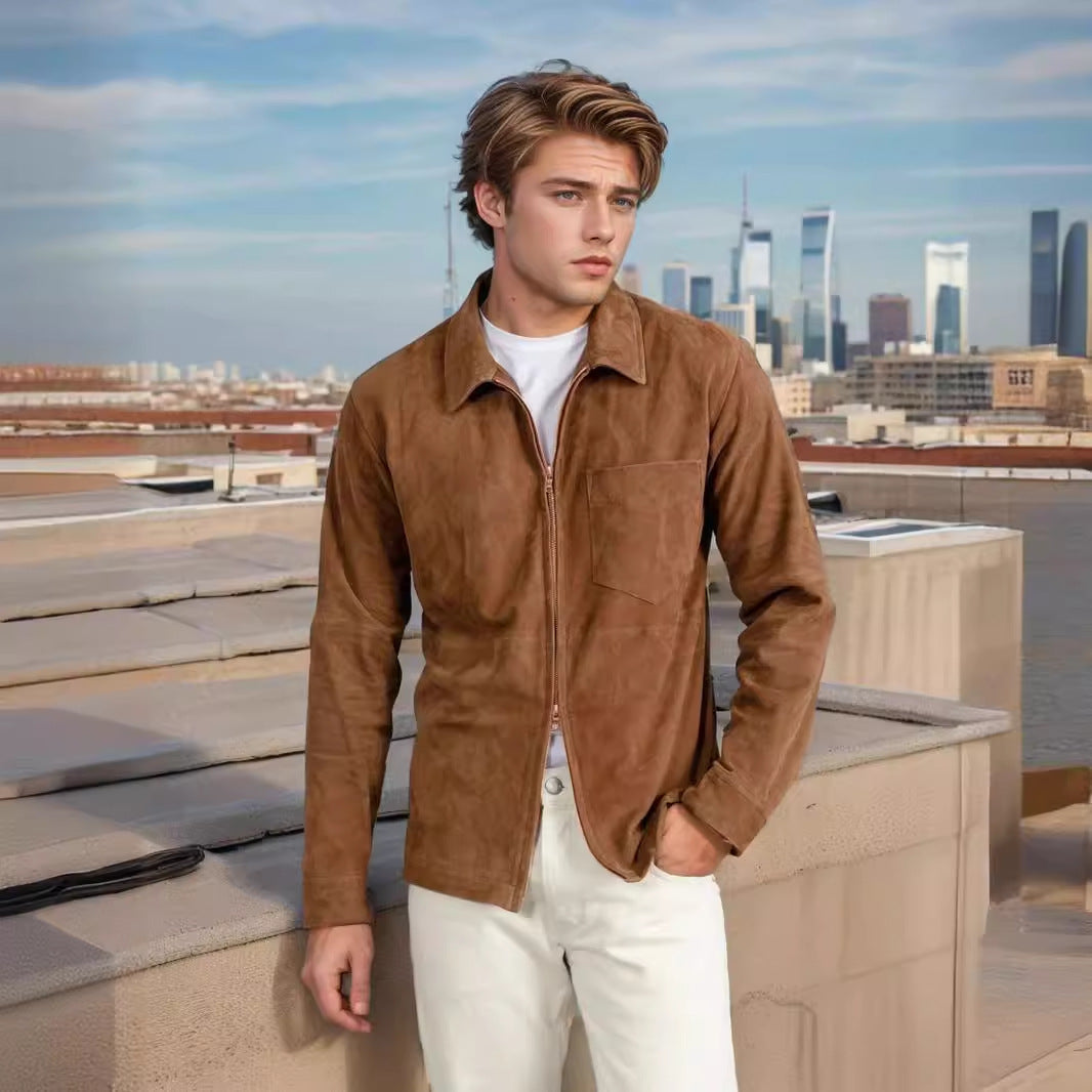 Herren Lederjacke Stehkragen Modern mit Taschen
