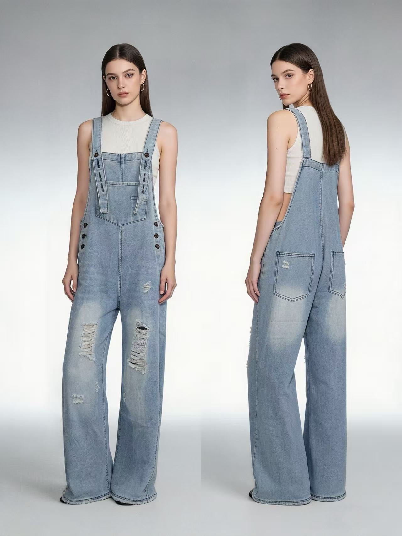 Damen Latzhose Jeans Weitbein Riss Effekt
