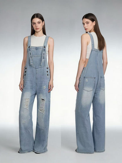 Damen Latzhose Jeans Weitbein Riss Effekt