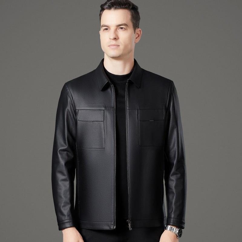 Herren Lederjacke Schwarz Stilvoll Mit Taschen