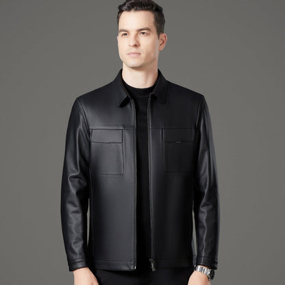 Herren Lederjacke Schwarz Stilvoll Mit Taschen