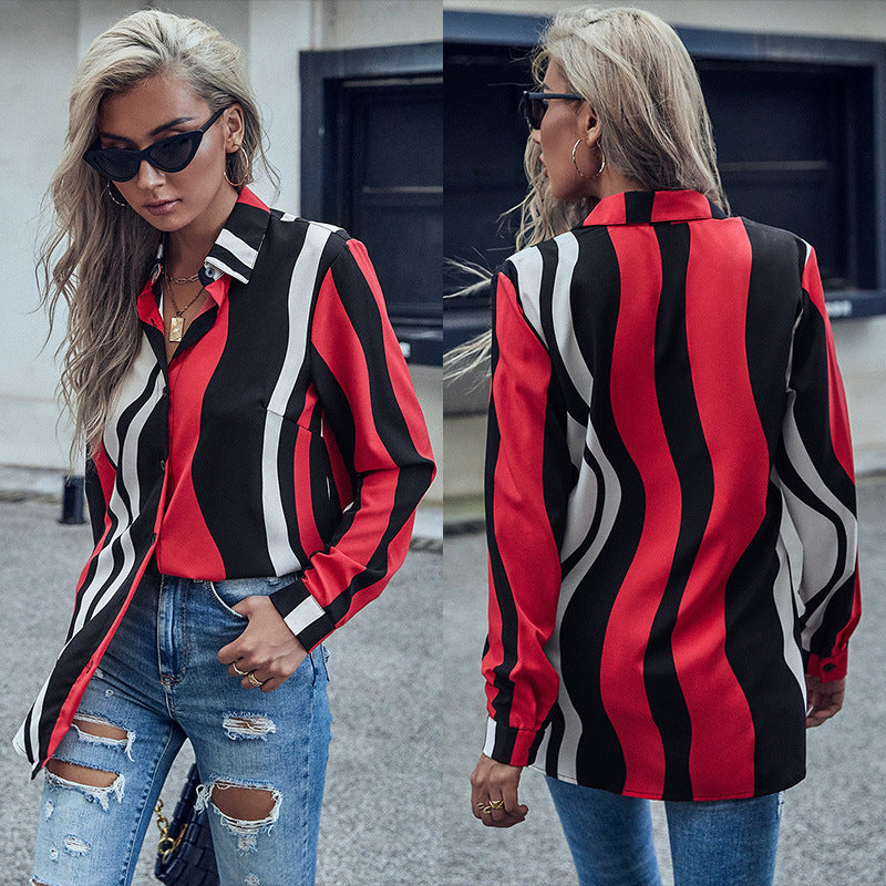 Damen Bluse Wellenmuster Modern Knöpfe Langärmlig