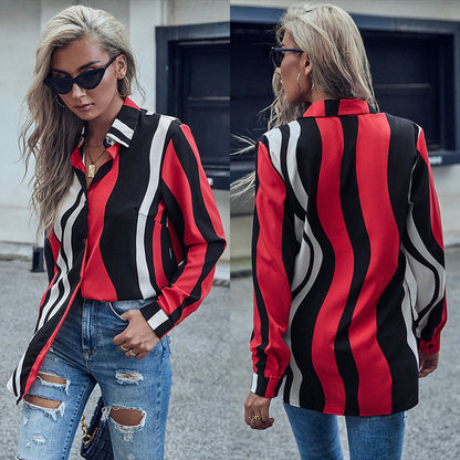 Damen Bluse Wellenmuster Modern Knöpfe Langärmlig