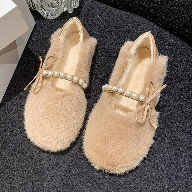 Damen Mokassins Flauschig mit Perlen Riemen Wintermode