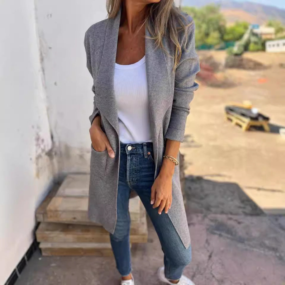 Damen Strickcardigan Lang mit Taschen und Offenen Kanten