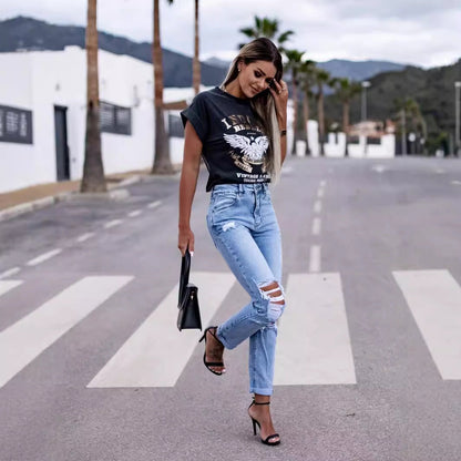 Hohe Damen Jeans High Waist Zerrissene Destroyed Style