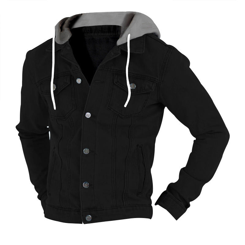 Herren Jeansjacke Kapuze Taschen Schwarz Modern
