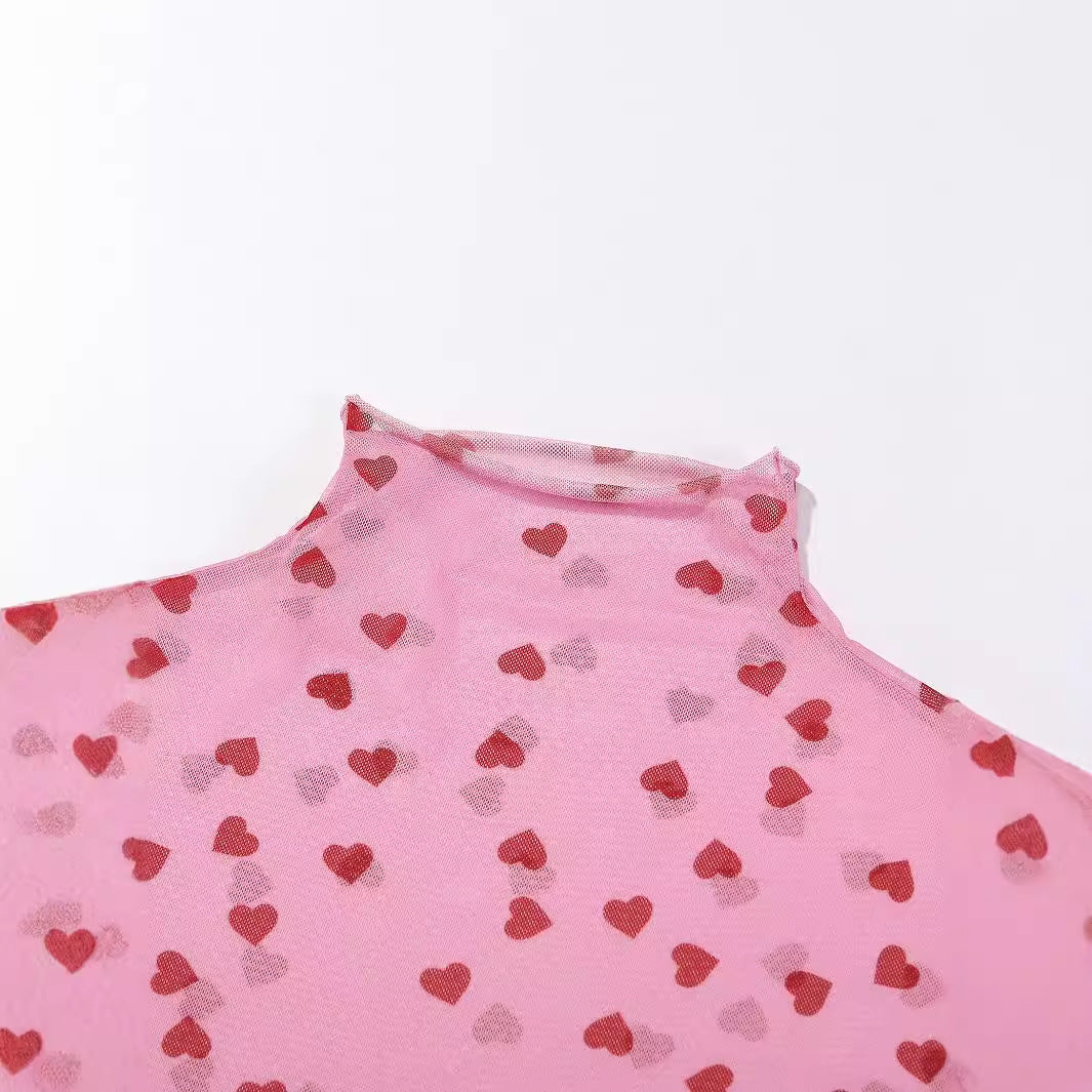 Damen Oberteil Rundhals Transparent mit Herzen