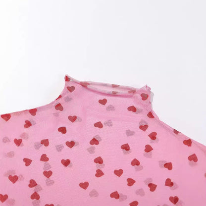 Damen Oberteil Rundhals Transparent mit Herzen