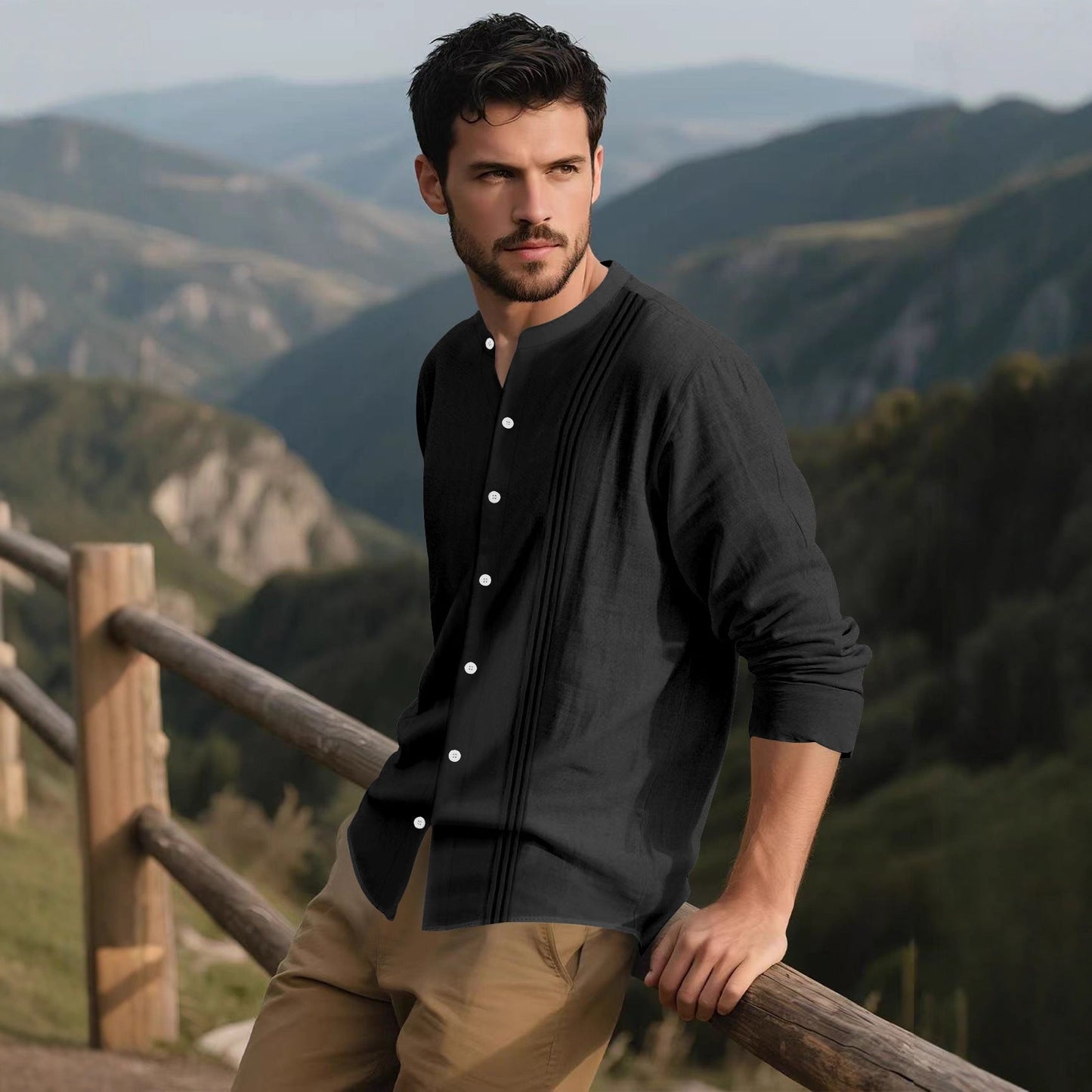 Herren Langarmhemd Modern mit Struktur und Stehkragen