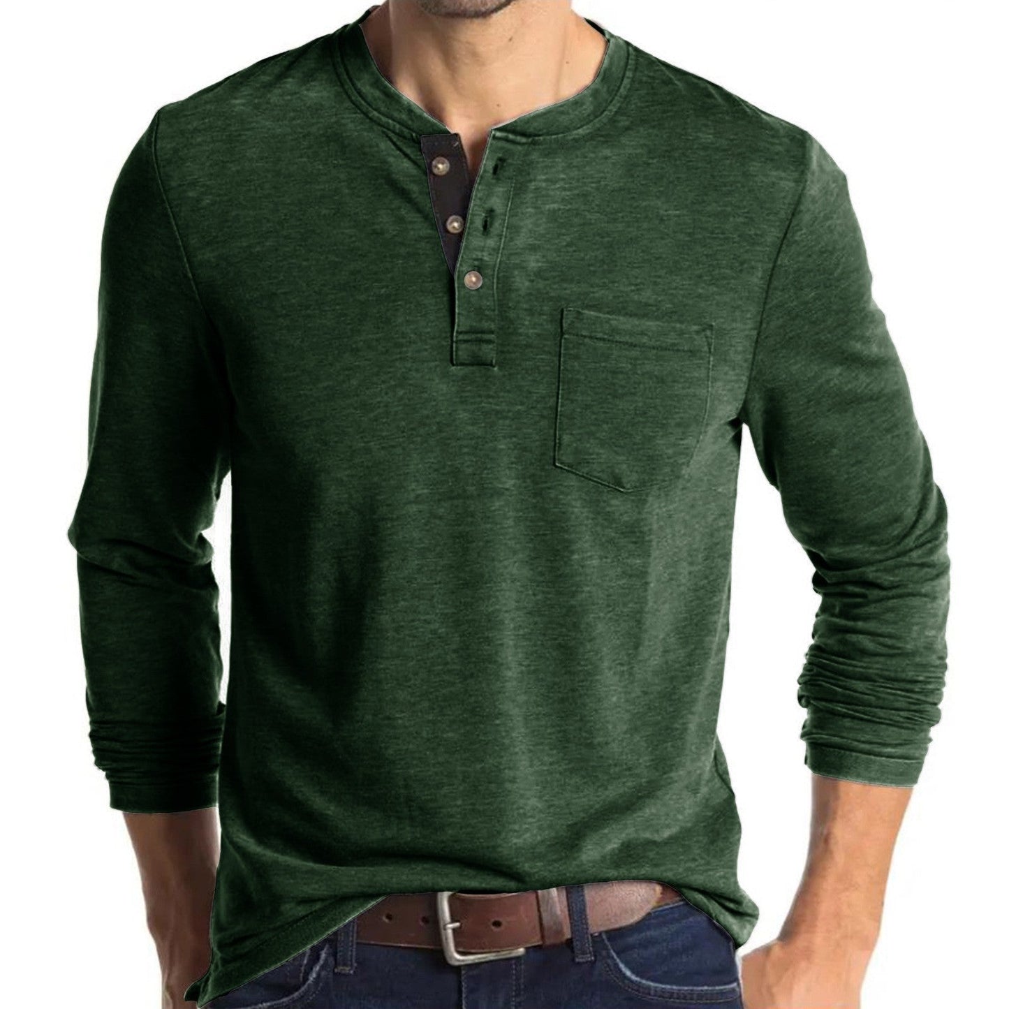 Herren Langarmshirt Modern mit Henleykragen und Brusttasche