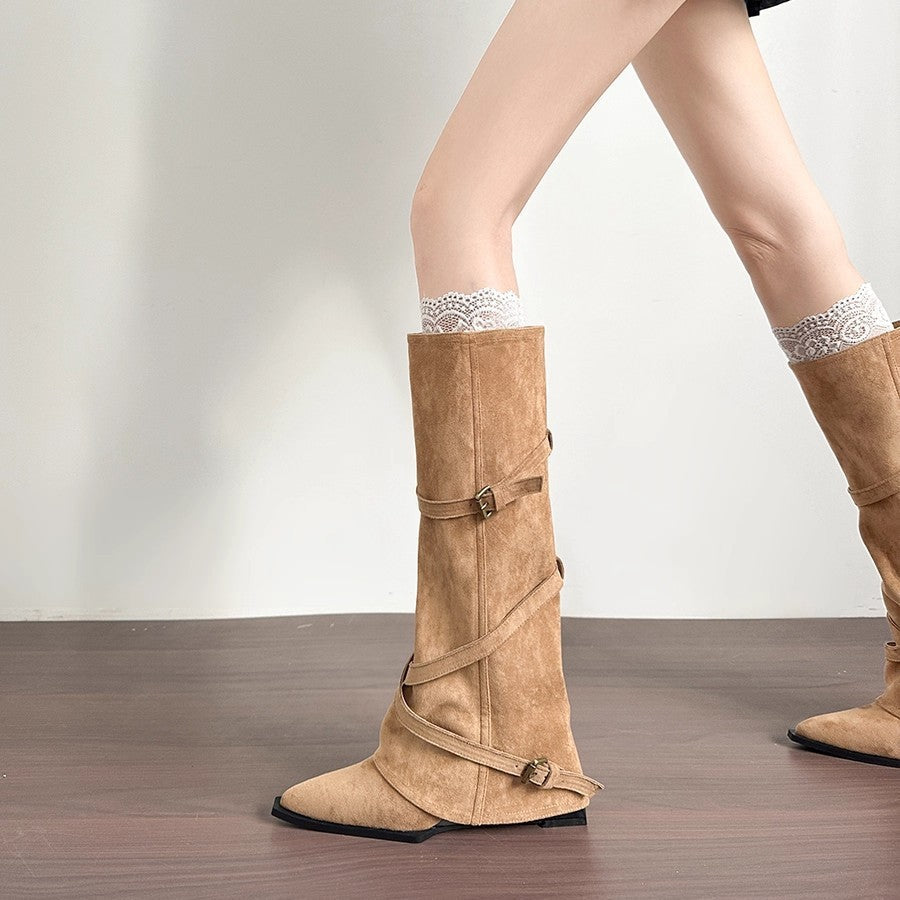 Damen Stiefel Hoch Modisch Schnallenverschluss Schwarz