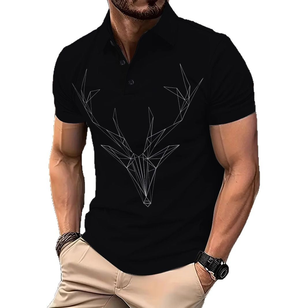 Herren Poloshirt Kurzarm Geometrisch Hirsch Motiv Modern