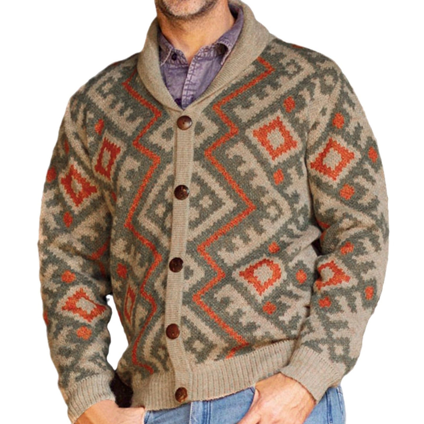Herren Strickjacke Geometrisches Muster Warm Schal Kragen