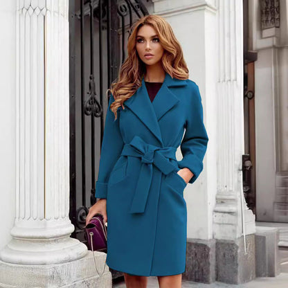 Eleganter Damen Trenchcoat Lang mit Gürtel und Taschen