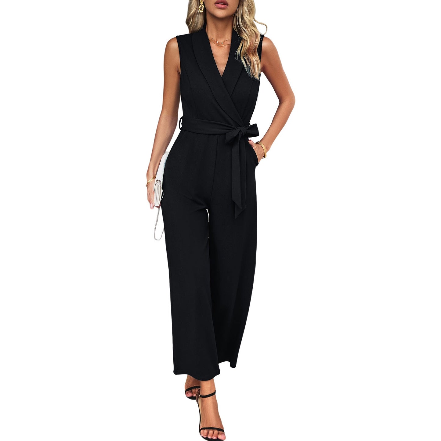 Eleganter Damen Jumpsuit Wickeloptik Taillengürtel Damenanzug