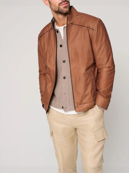 Lederjacke Herren Elegant Stehkragen Reißverschluss Taschen Schwarz