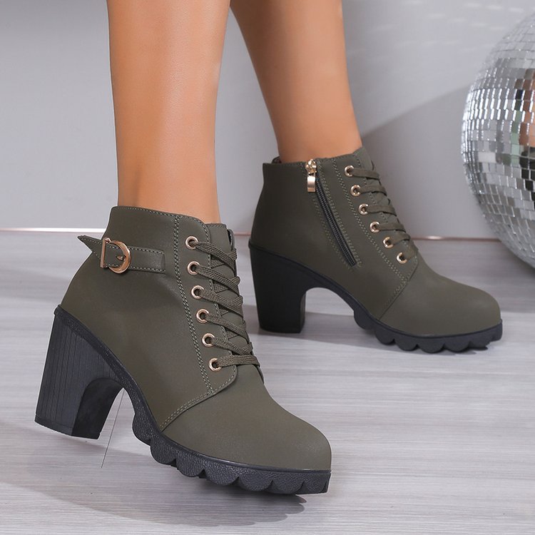 Damen Stiefeletten Blockabsatz Schnürstiefelette Reißverschluss
