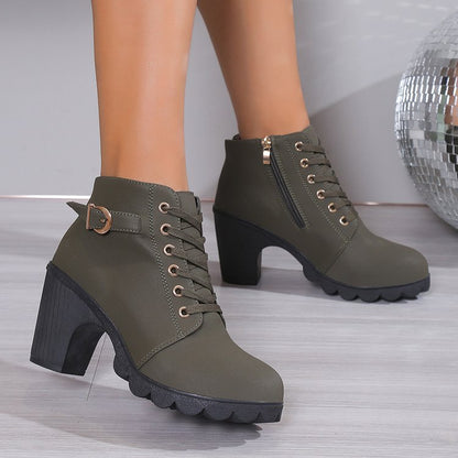 Damen Stiefeletten Blockabsatz Schnürstiefelette Reißverschluss