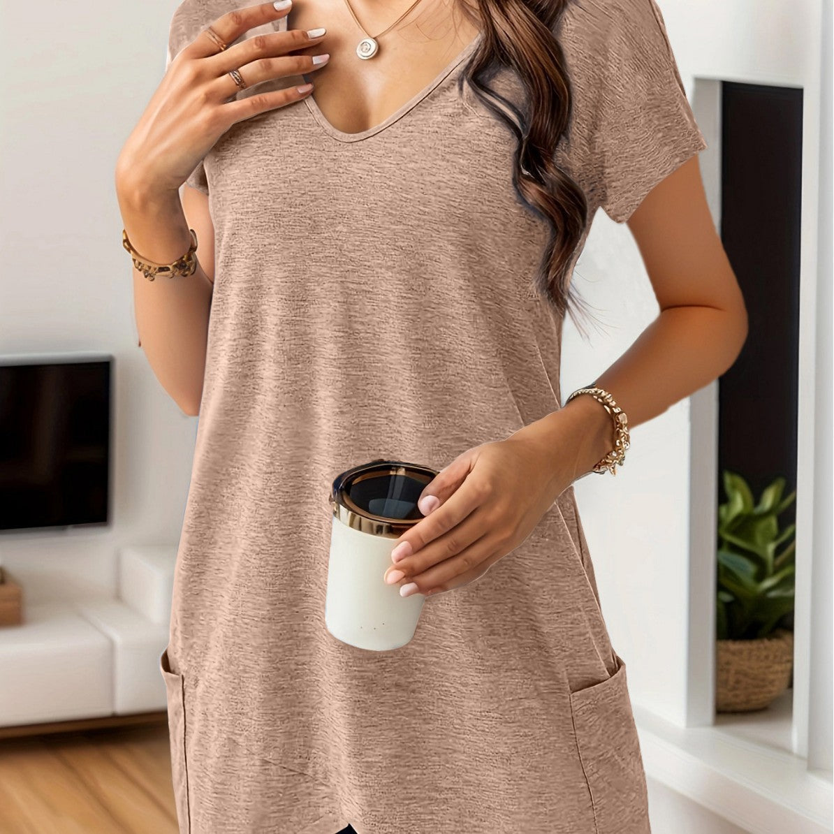 Damen T-Shirt V-Ausschnitt Bequem mit Taschen Modern