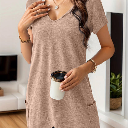 Damen T-Shirt V-Ausschnitt Bequem mit Taschen Modern