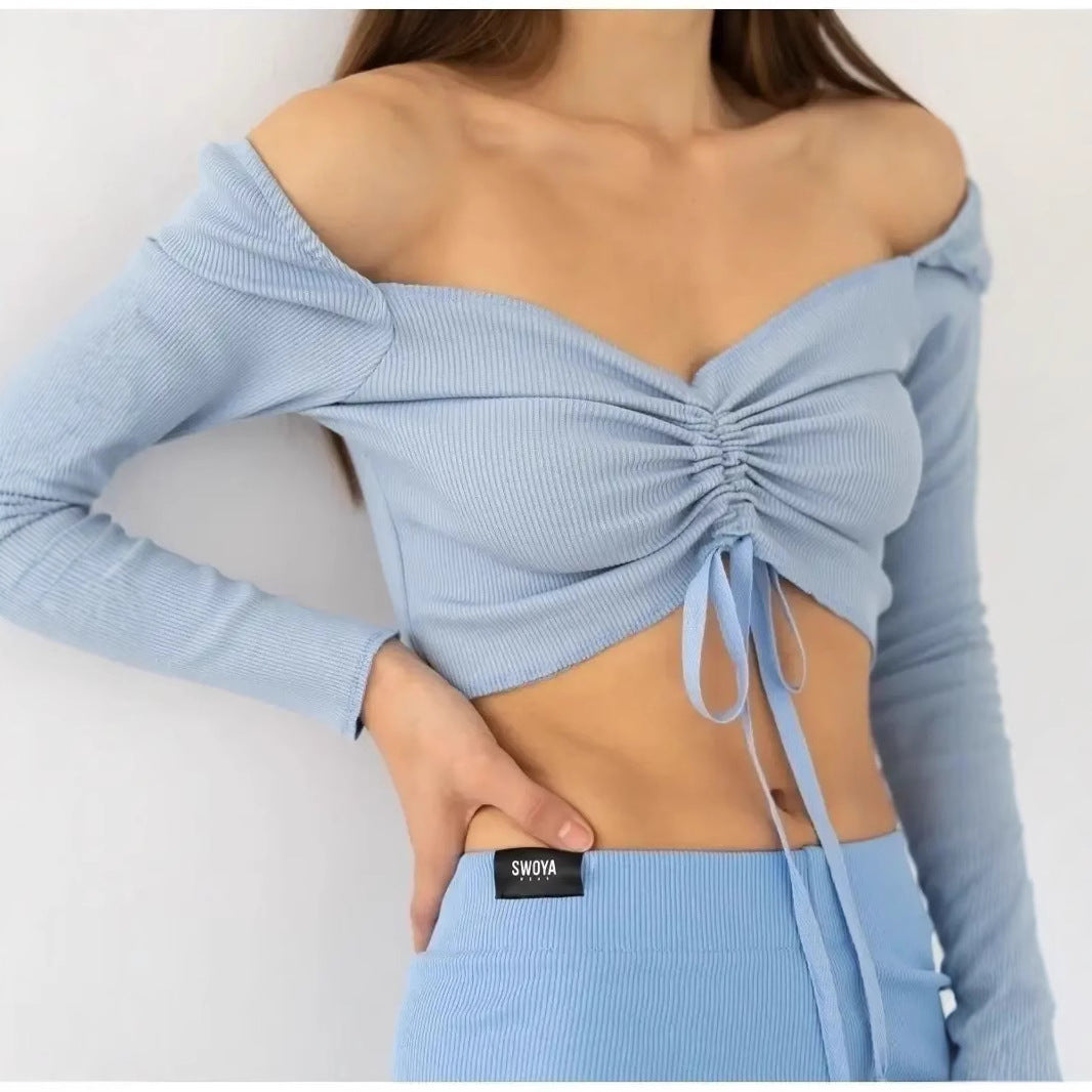 Damen Crop-Top Langarm Gerafft Bauchfrei Fashion