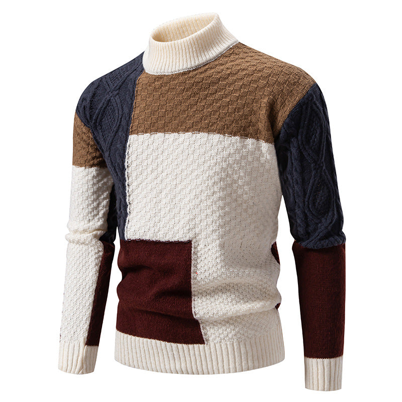 Herren Grobstrickpullover Hochgeschlossen Strickpullover Mit Blockmuster - BerlinGlamour