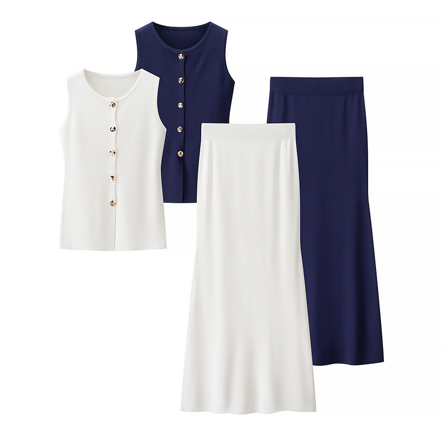 Damen Set Ärmellos mit Knöpfen und Rock Frauen Kleid Set Elegant