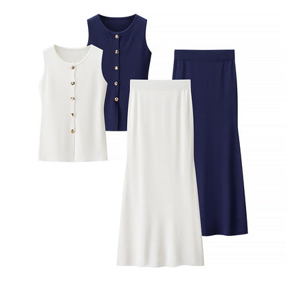 Damen Set Ärmellos mit Knöpfen und Rock Frauen Kleid Set Elegant